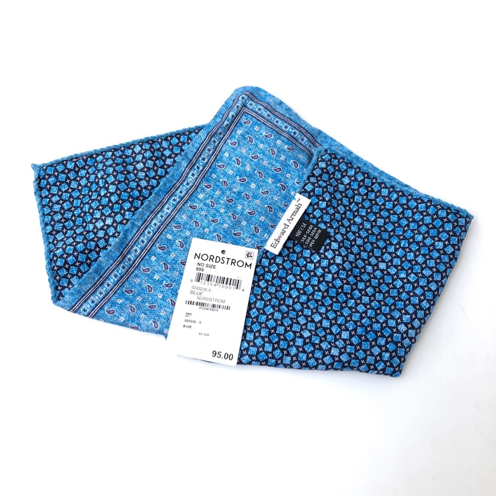 Edward Armah Men’s Blue 100% Silk Paisley + Square Reversible Pocket Square